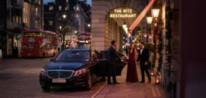 Couple arriving at The Ritz London with chauffeur service by Umbrella Transfers on Valentine’s Day
