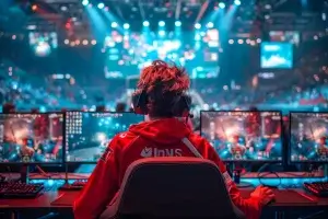 A gamer in a red hoodie and headphones sits at a triple-monitor gaming setup facing a large illuminated arena at a professional gaming event in London.