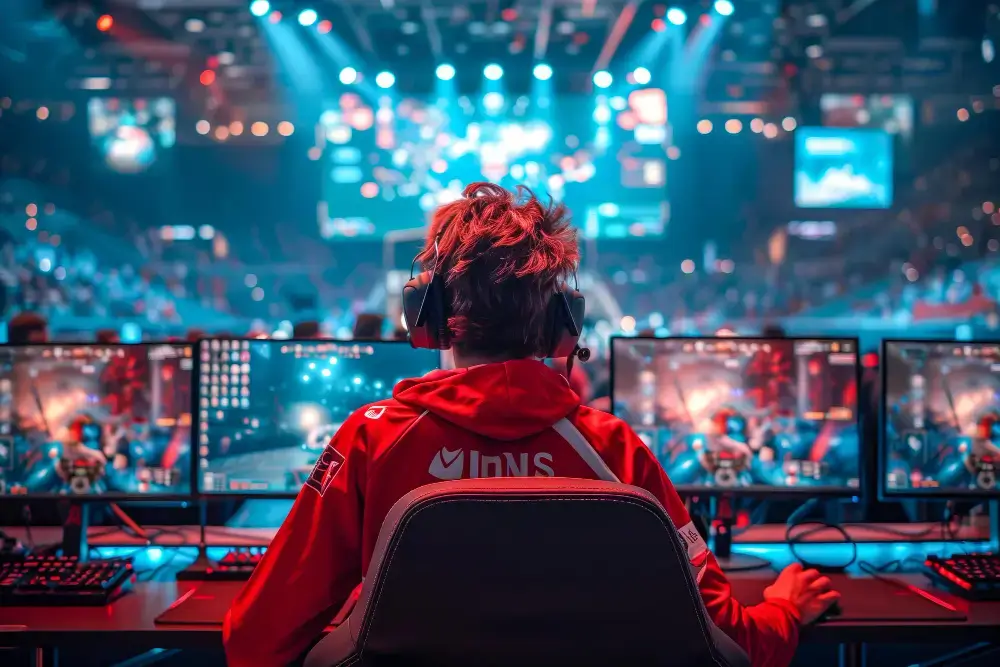 A gamer in a red hoodie and headphones sits at a triple-monitor gaming setup facing a large illuminated arena at a professional gaming event in London.