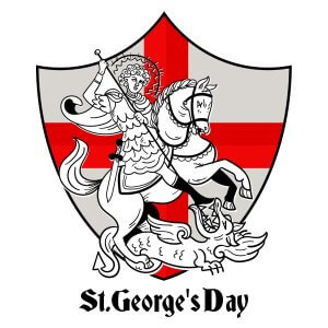 Illustration of Saint George on horseback slaying the dragon, set against a St George's Cross shield, with the words St George's Day beneath in blackletter type.