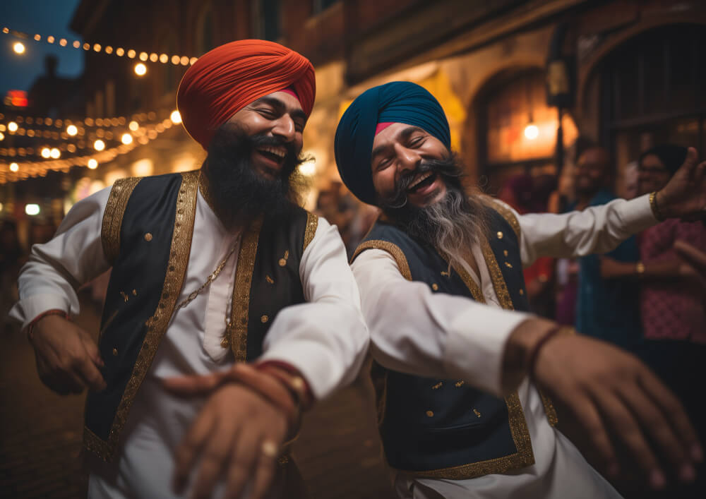 Two Sikh men in traditional embroidered attire laughing and dancing together at an outdoor Vaisakhi street celebration lit by festive lights