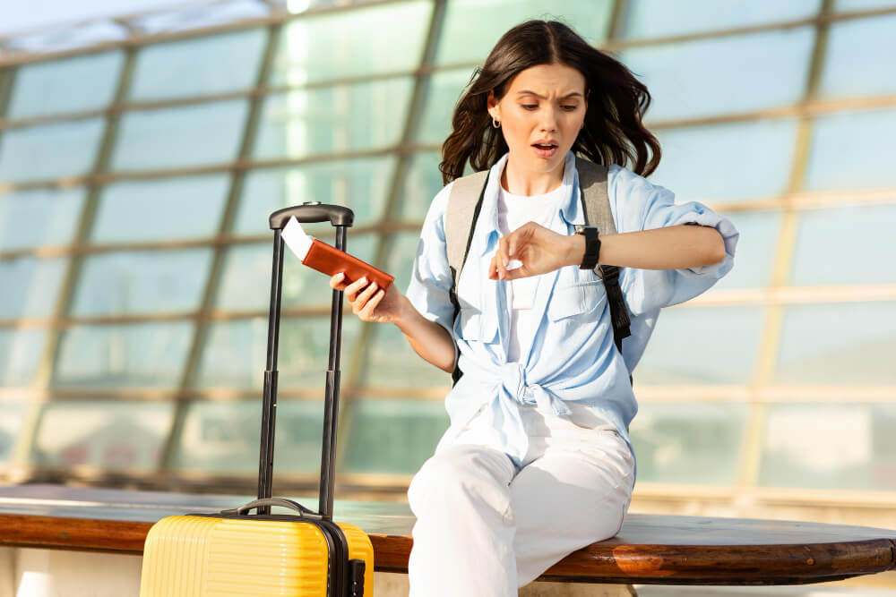 A woman at an airport checks her watch with a concerned expression, holding a passport and boarding pass beside a yellow suitcase, with a glass terminal facade behind her