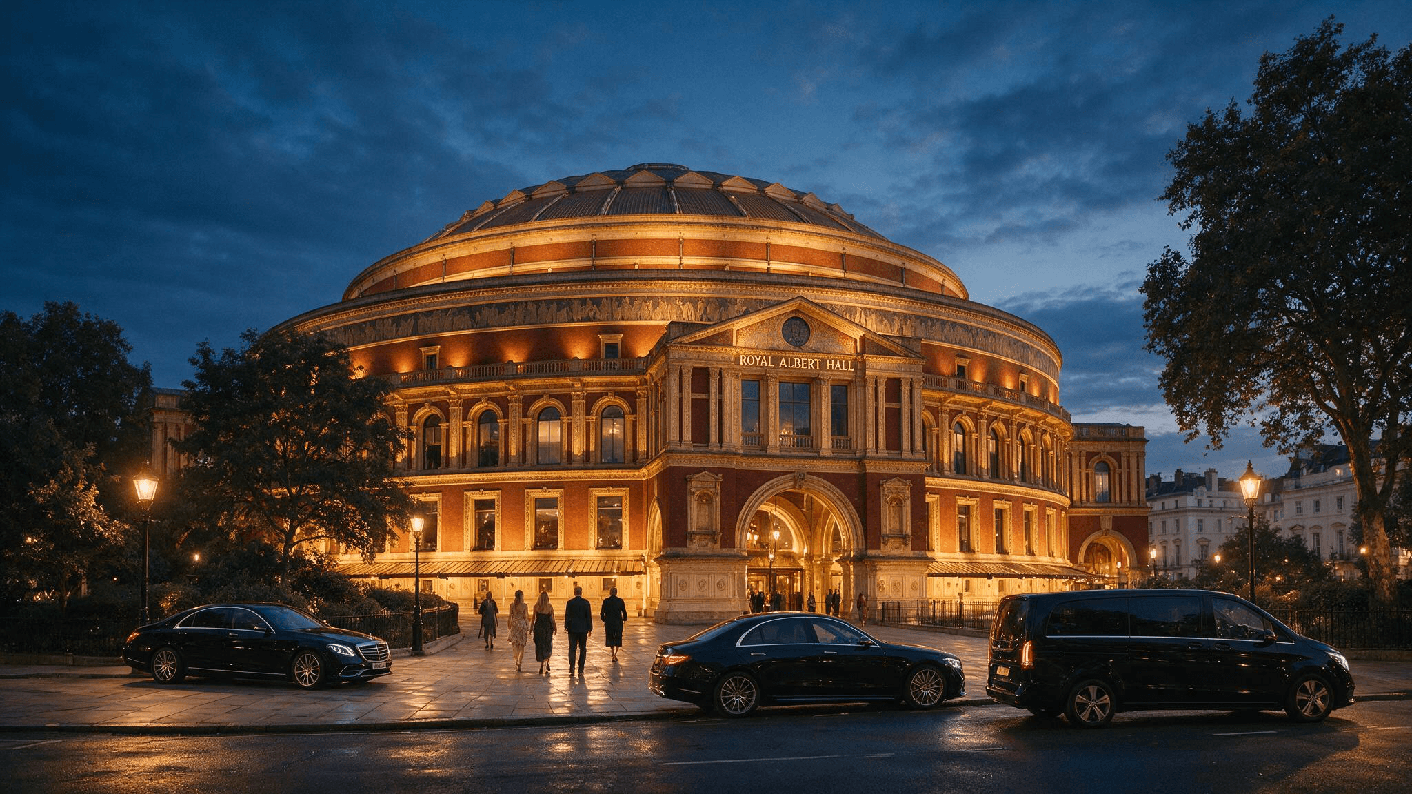 Kensington Gore outside the Royal Albert Hall on a September evening, showing the entrance and surrounding roads