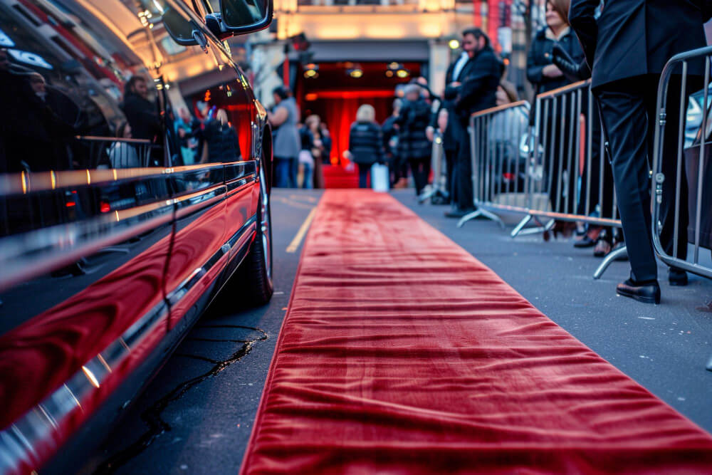 Premiere guest in a red gown walking the red carpet toward a film festival venue entrance with a black executive car alongside and event lighting illuminating the scene