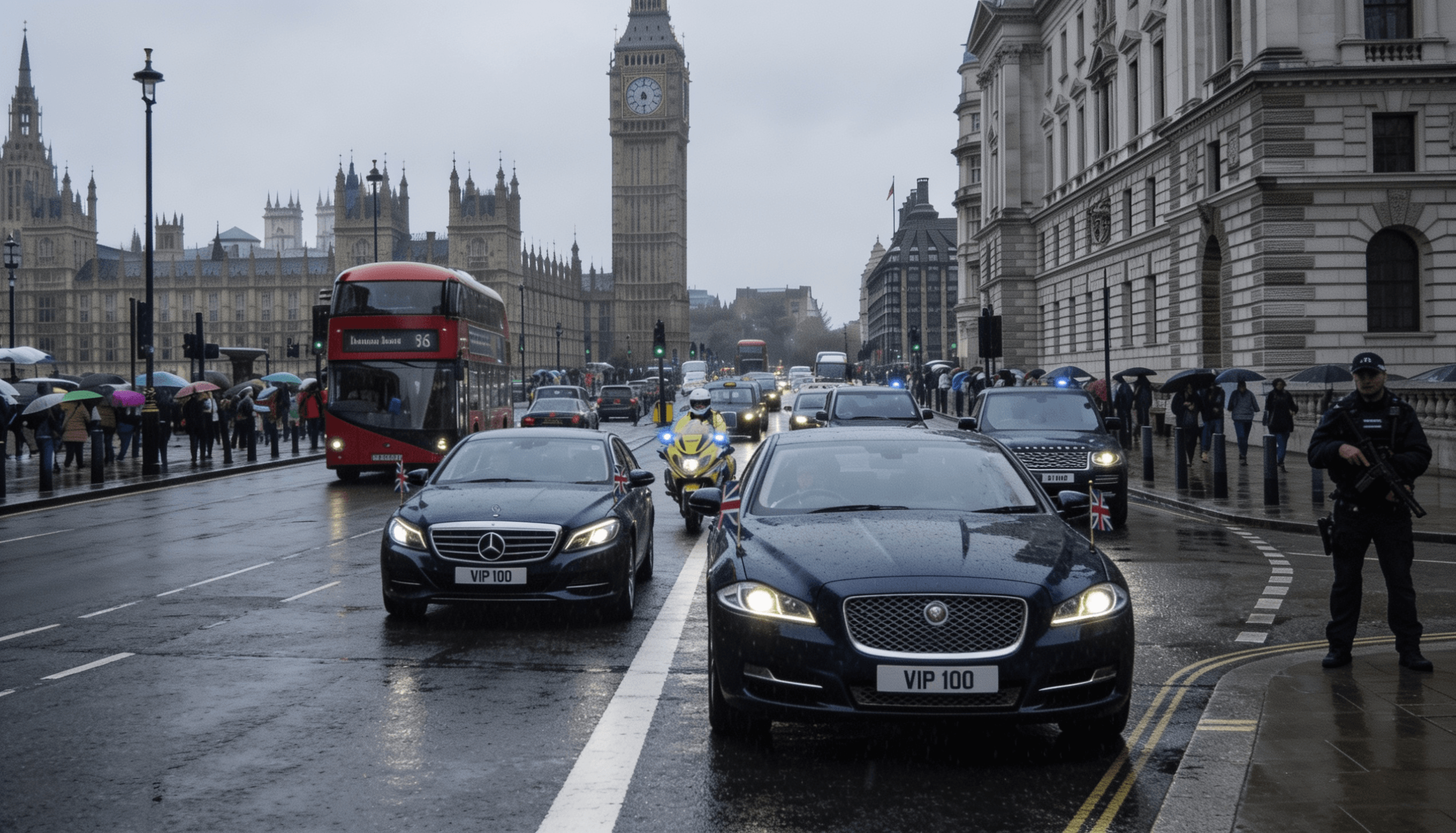 Diplomatic convoy and police motorcycle outrider on Parliament Square, London, with Big Ben and the Houses of Parliament in the background