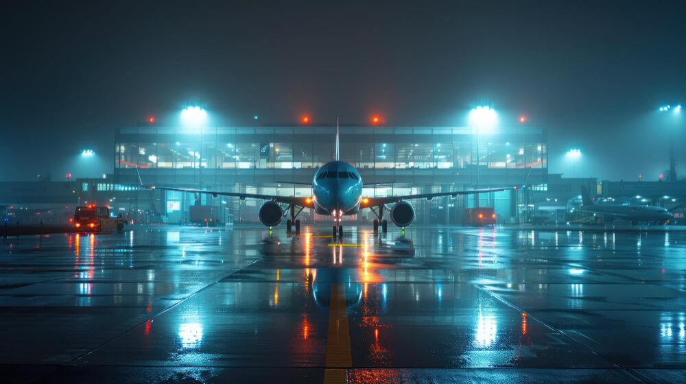 Traveller with backpack looking out at airport at night through terminal window with aircraft on stand