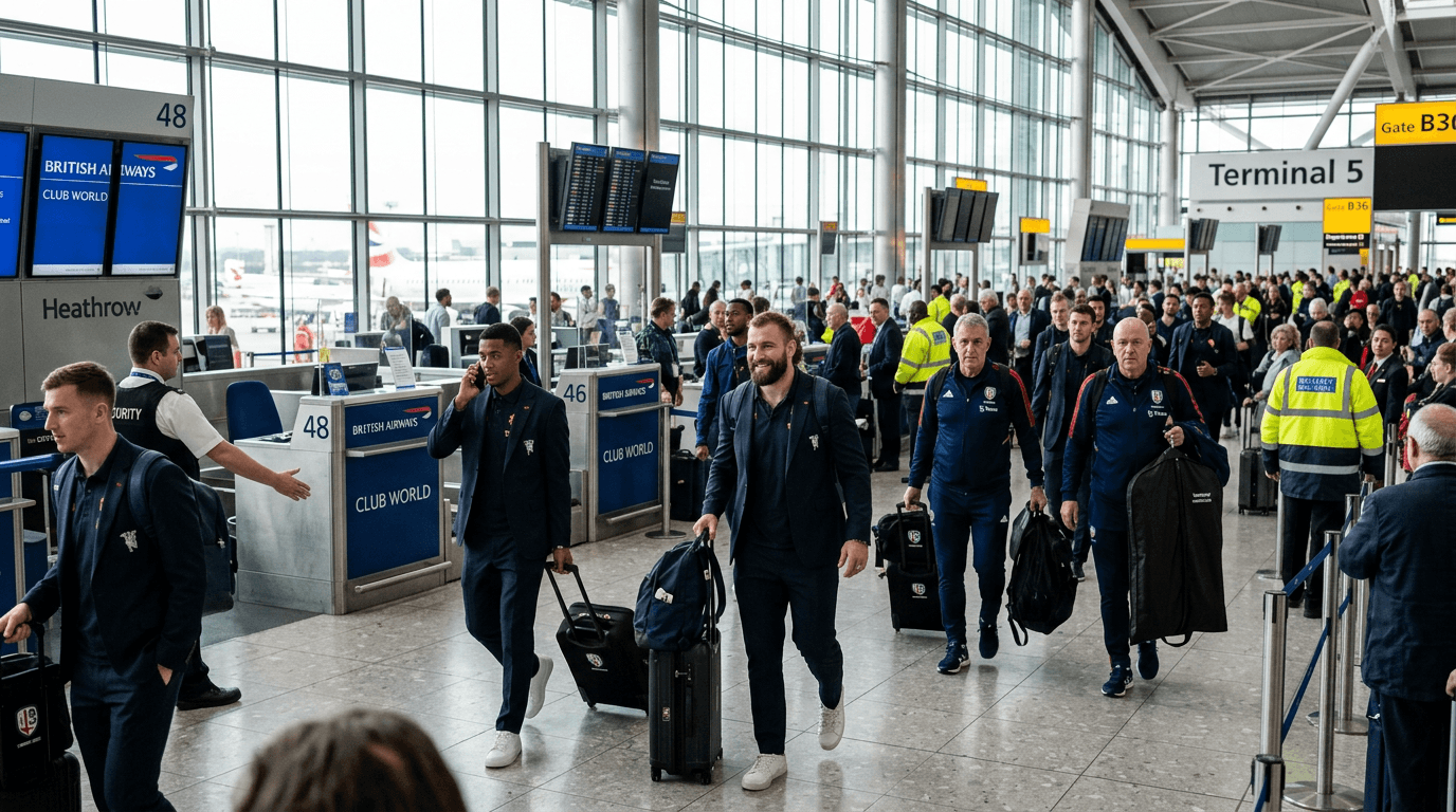 Professional football squad walking through Heathrow Airport Terminal 5 with luggage ahead of an away fixture