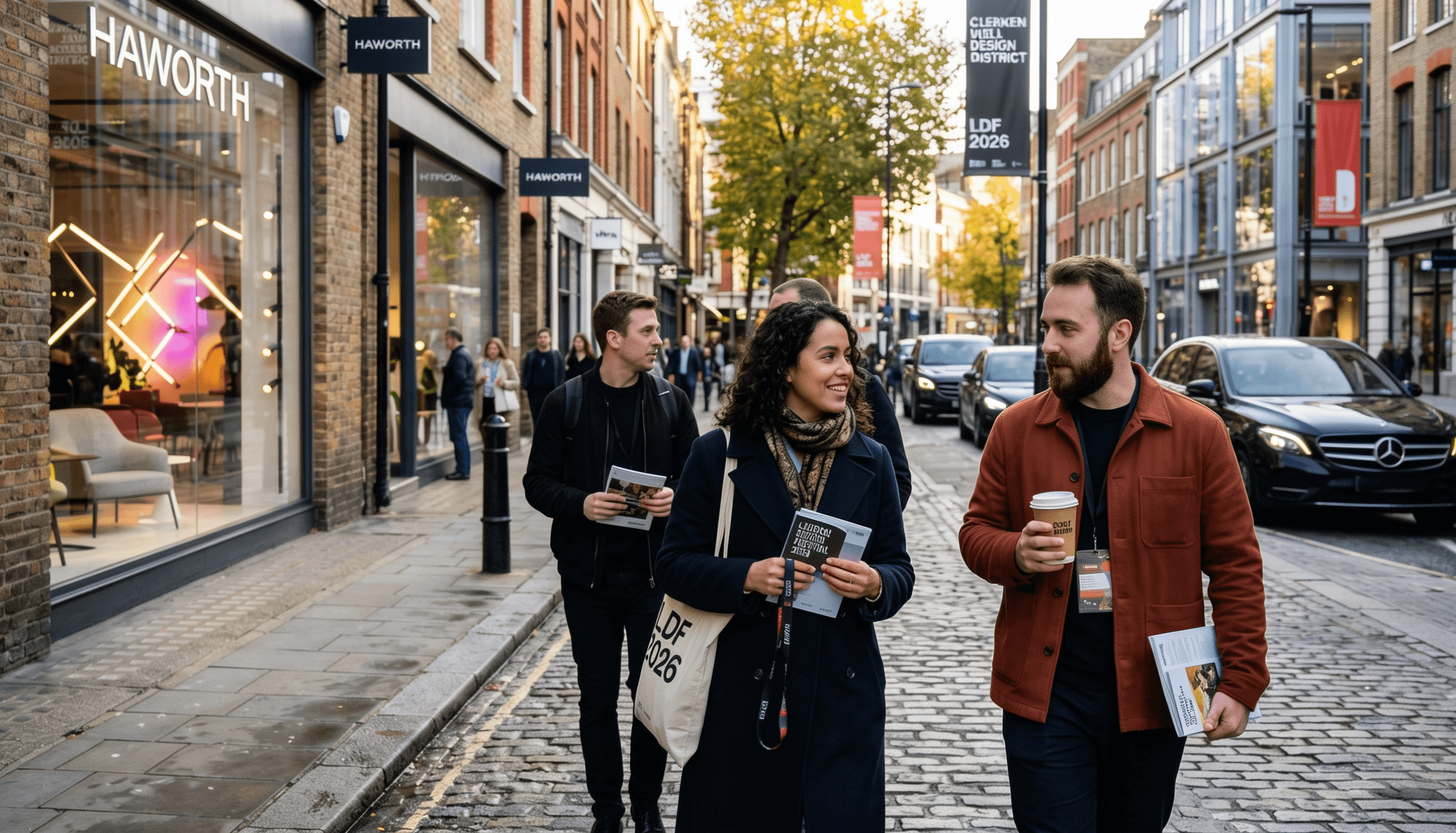 Visitors walking past design showrooms on a cobbled London street during London Design Festival 2026, carrying LDF tote bags and programmes in the Clerkenwell Design District