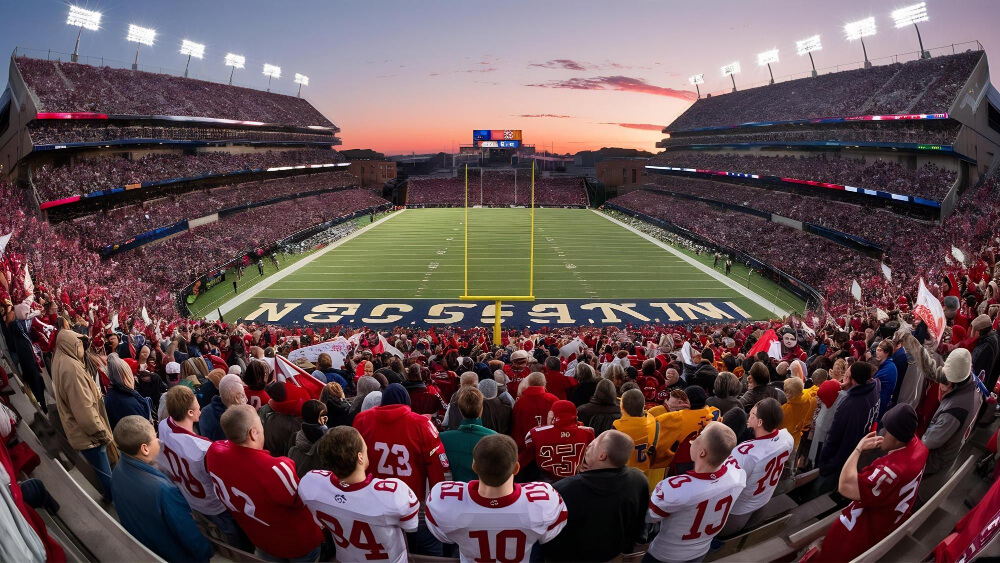 Packed NFL stadium at dusk with fans filling the stands and floodlights illuminating the field, showing the scale of an NFL London game day