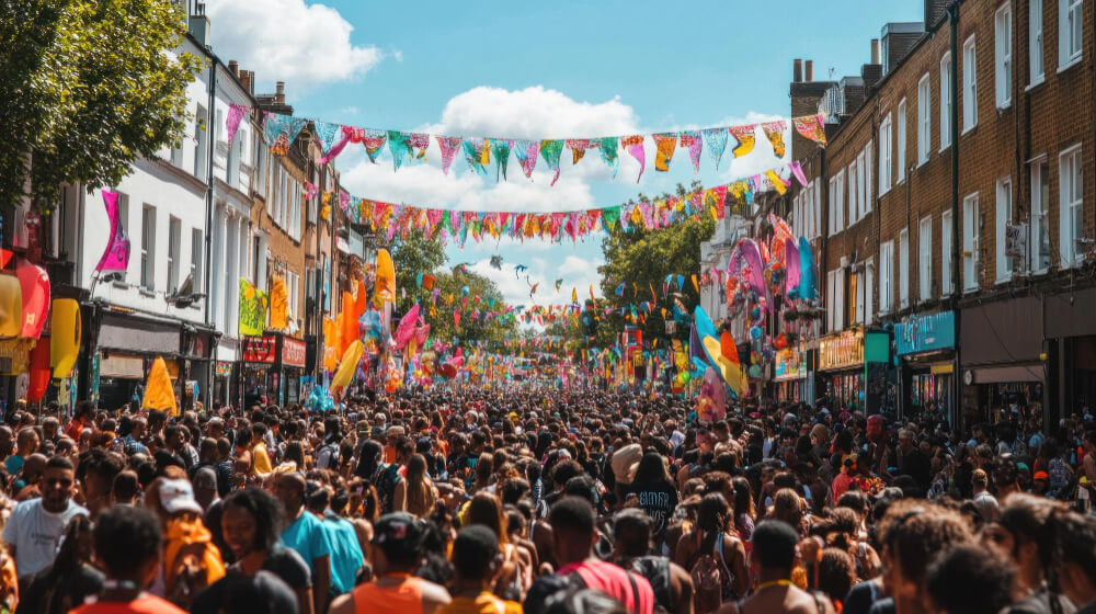 Costumed performers in elaborate feathered headdresses celebrating at Notting Hill Carnival 2026