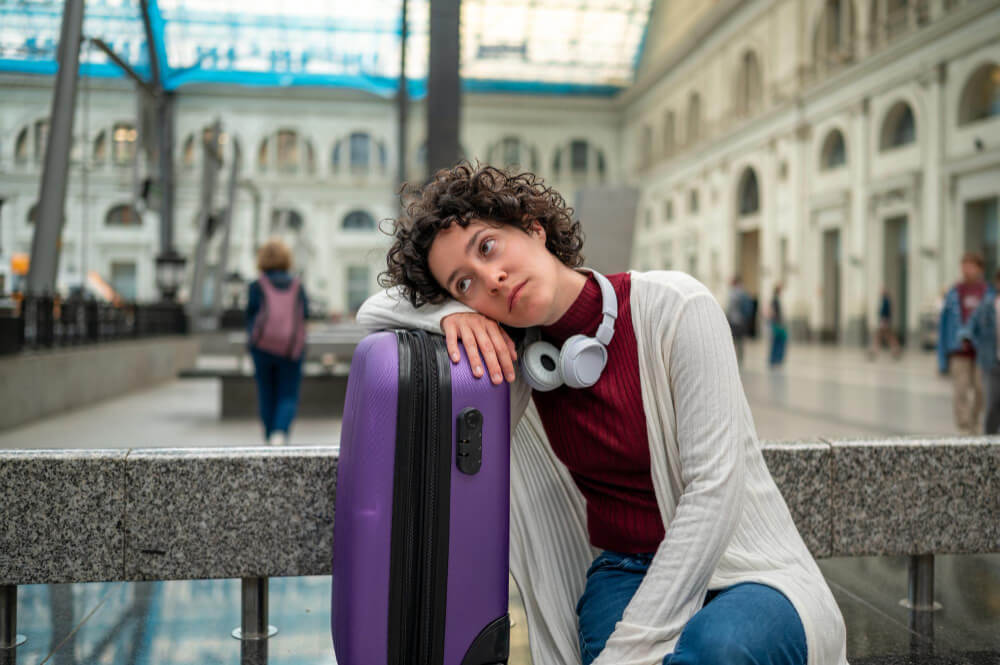 Frustrated traveller resting on suitcase while waiting in a busy transit hall during a London travel delay