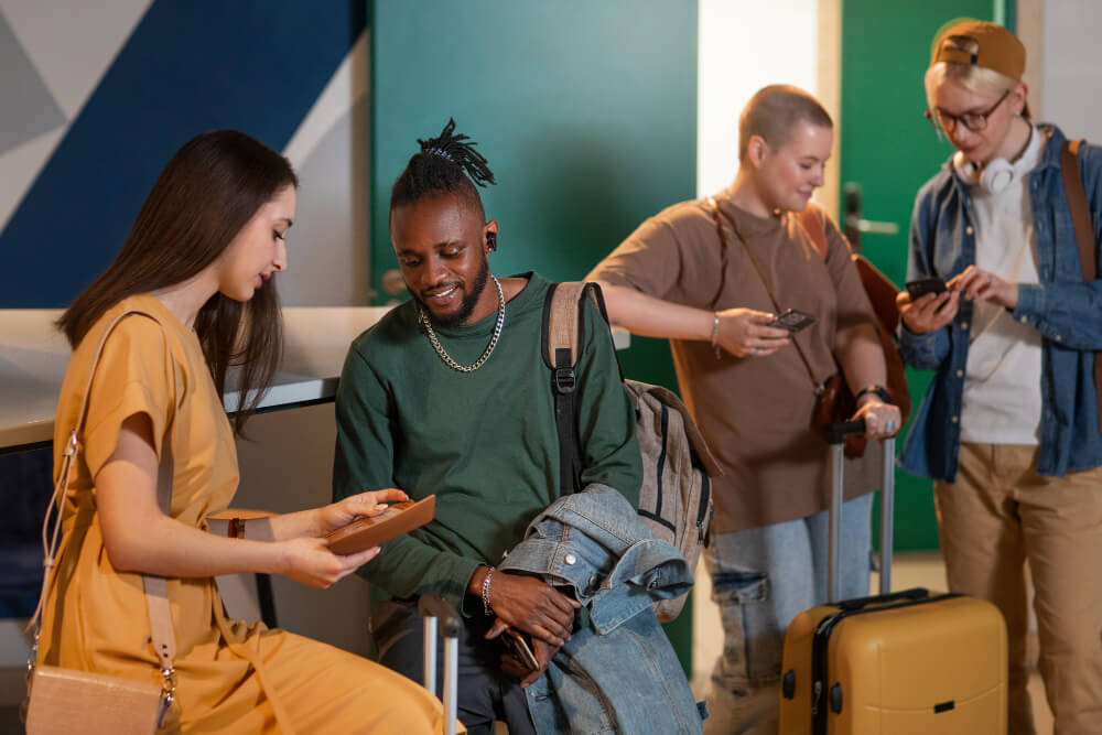 Group of international students with luggage and phones waiting in airport during busy Freshers Week arrival period