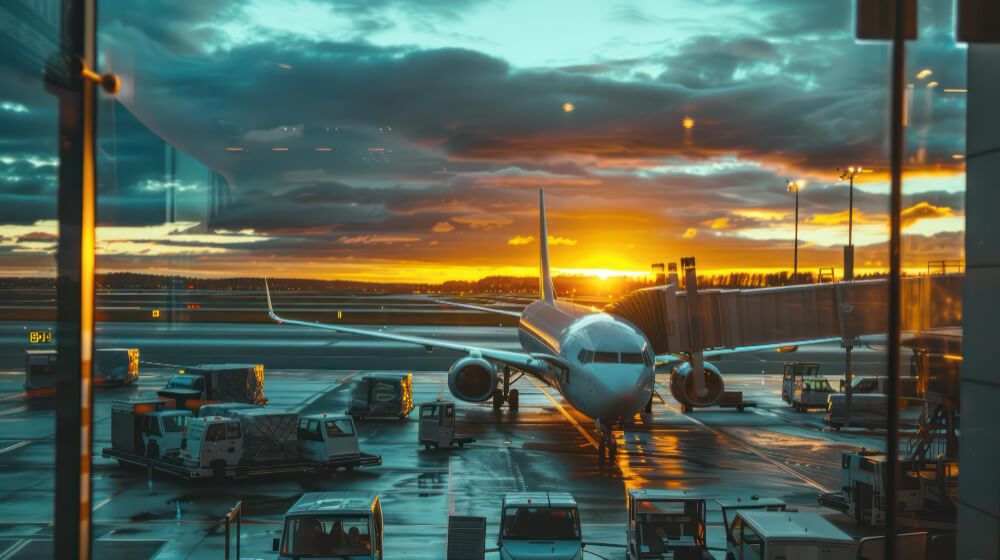 Commercial aircraft at a Heathrow terminal gate during pre-dawn hours with a dramatic golden and teal sky reflected on the wet apron